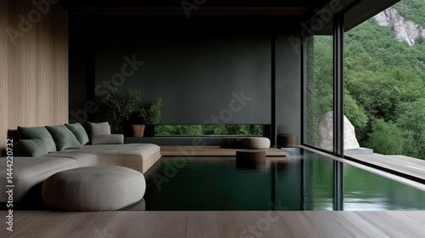 Fototapeta Tranquil modern Japanese-style living room with a serene view of nature, featuring a sunken pool and natural elements