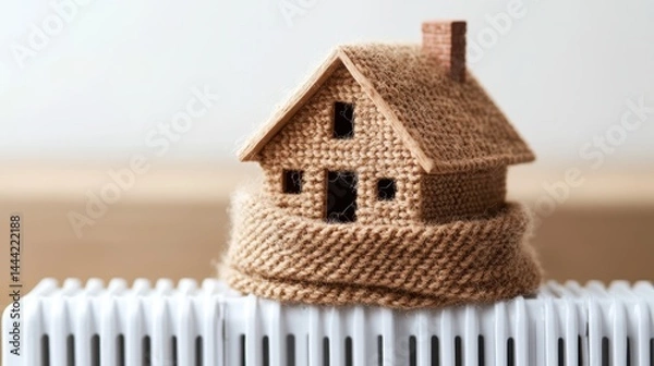 Fototapeta Crocheted house model on white radiator with knitted scarf symbolizes warmth and energy efficiency in a cozy home environment and winter setting.