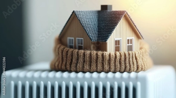 Fototapeta Miniature house wrapped in a colorful knitted scarf sitting on a radiator symbolizing warmth home heating energy efficiency and comfort for winter season