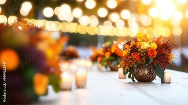Fototapeta Beautiful long white table set for autumn dinner party decorated with warm candlelight and vibrant floral centerpieces in shades of orange and yellow