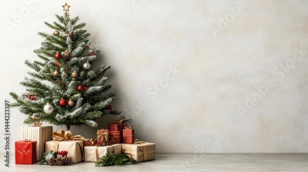 Fototapeta A snow-frosted artificial Christmas tree with red and gold ornaments, surrounded by wrapped presents against a light gray textured wall backdrop