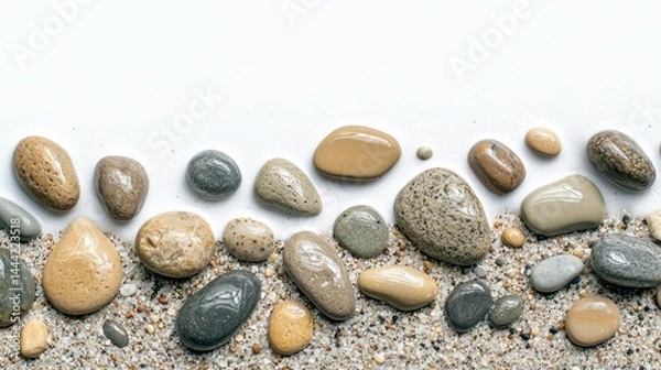 Fototapeta Flat pebbles with visible water stains on beach sand on white background.