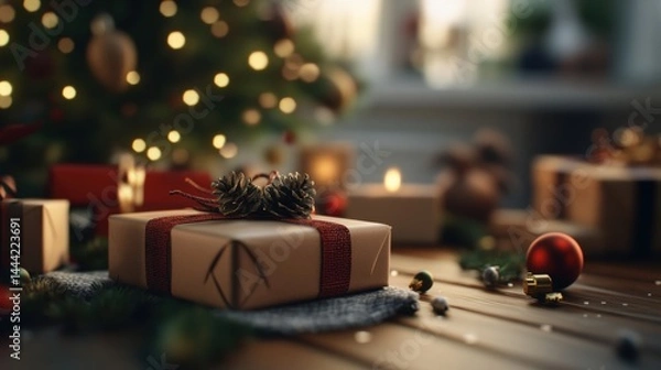 Fototapeta A beautiful rustic brown wrapped Christmas gift featu a pine cone sits on a wooden surface with candles and a softly glowing Christmas tree nearby