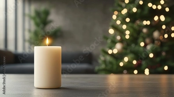 Fototapeta A lit white candle elegantly rests on a dark wood surface, enhancing a cozy atmosphere with a blurred backdrop of a Christmas tree and gray wall.