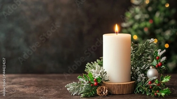 Fototapeta A Beautifully Arranged White Pillar Candle on a Rustic Wooden Base Surrounded by Evergreen Branches, Berries, Pinecones, and Festive Ornaments