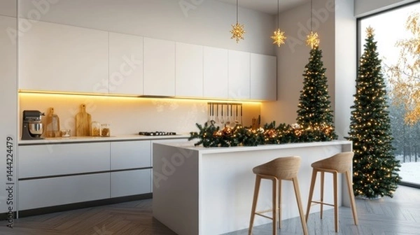 Fototapeta Modern White Kitchen Decorated for Christmas with Two Trees, Garland and Lights, Overlooking Snowy Winter Landscape Through Large Window
