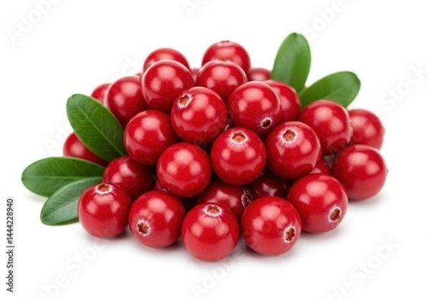 Fototapeta A close up shot of a pile of cranberries with green leaves on a white background in bright light
