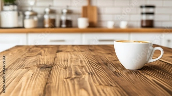 Fototapeta A cozy white cappuccino cup placed on a rustic wooden kitchen table with a bright, modern kitchen softly blurred in the background, inviting warmth and comfort.