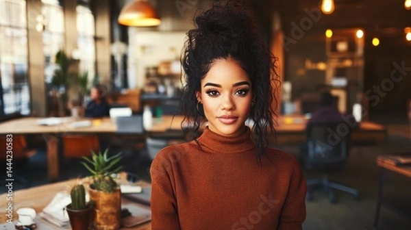 Fototapeta Young Black woman with high bun hairstyle in rust turtleneck sweater smiling at camera sitting at table in modern open-plan office environment