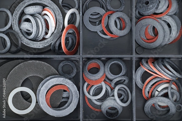 Fototapeta A collection of various rubber gaskets and washers, neatly organized in a storage box.