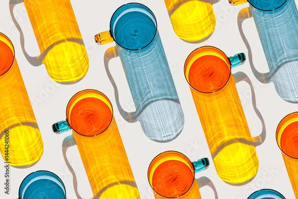 Obraz Colored shiny drink Glasses still life with shadow and sunlight reflections on white, minimal style aesthetic top view summer, refraction at glass orange blue cups, creative contemporary pattern