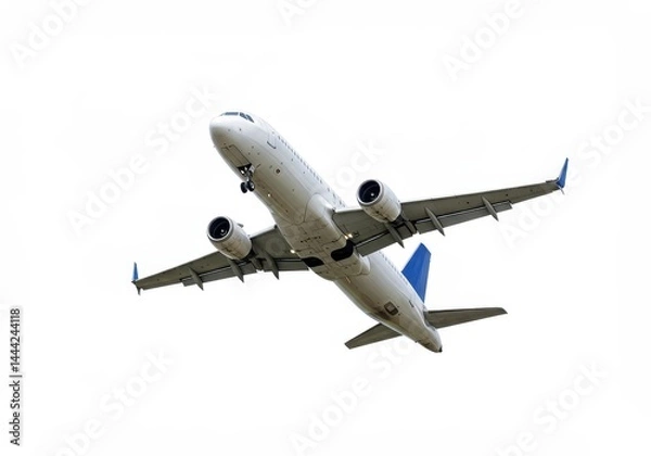Fototapeta Airplane ascending with landing gear deployed against a clear white background in bright daylight