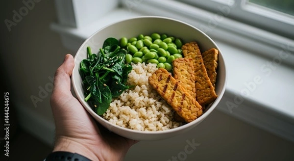 Fototapeta Holding Healthy Grain Bowl with Tempeh, Edamame, and Spinach Near Window