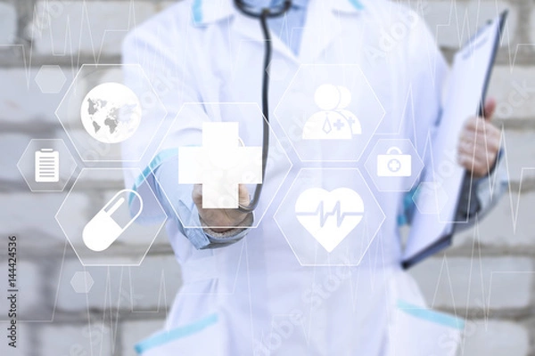 Obraz Medicine doctor hand working with modern virtual computer interface in network