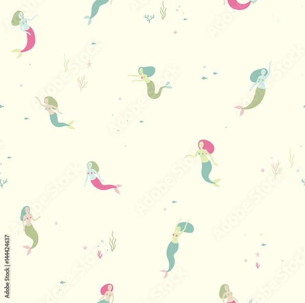 Fototapeta Seamless pattern with mermaids and corals