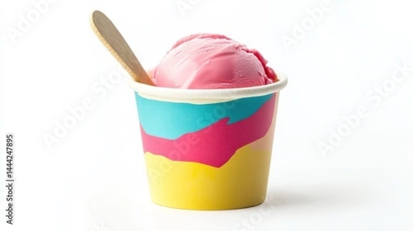 Fototapeta Single scoop of pink ice cream in colorful paper cup with wooden spoon.