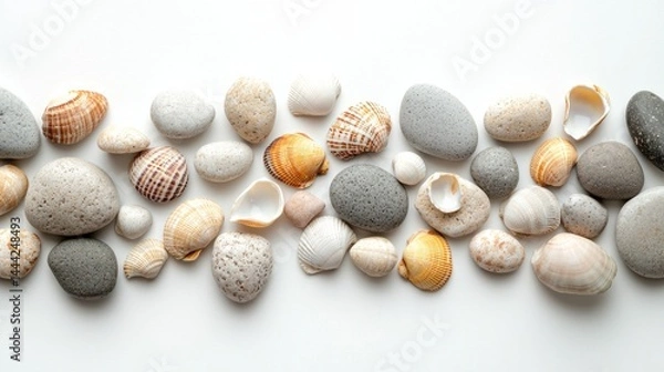 Fototapeta Group of round pebbles with scattered shells on white background.