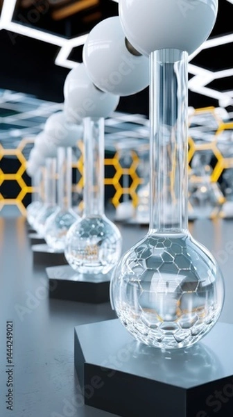 Obraz Laboratory glassware with molecules in modern design.