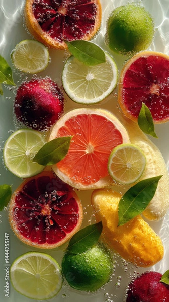 Obraz Citrus Splash: A vibrant and refreshing composition of sliced citrus fruits, showcasing the zesty colors and textures of nature's bounty in a cool, watery embrace.