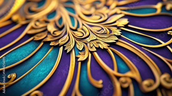 Obraz Intricate golden floral design on a vibrant purple and teal background, showcasing elegance