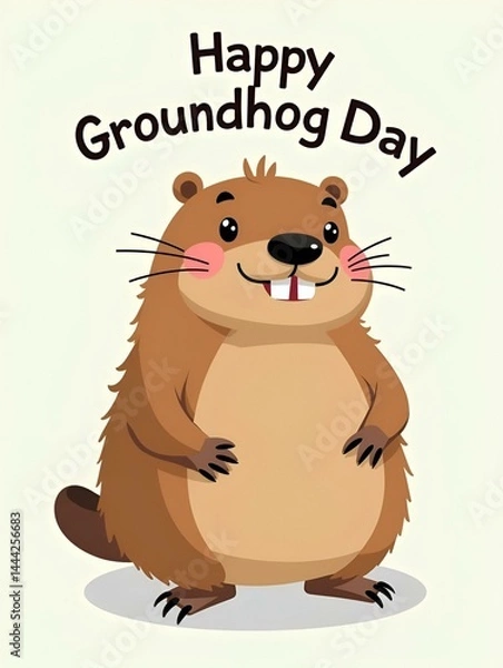 Fototapeta A cartoon of a groundhog with a smile on his face. The text reads Happy Groundhog Day