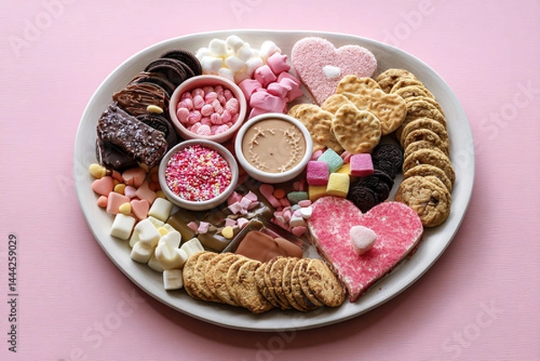 Obraz A plate full of assorted sweets and cookies arranged for Valentine's Day, featuring heart shapes and pastel colors.