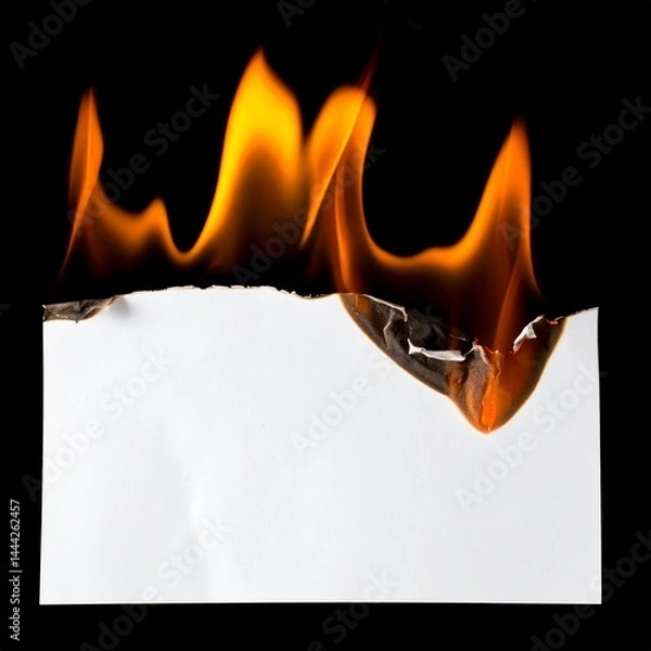 Fototapeta Fire on white paper, isolated on black background