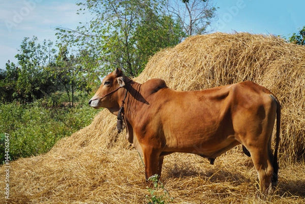Fototapeta Brown cow eating straw in farm with blue sky