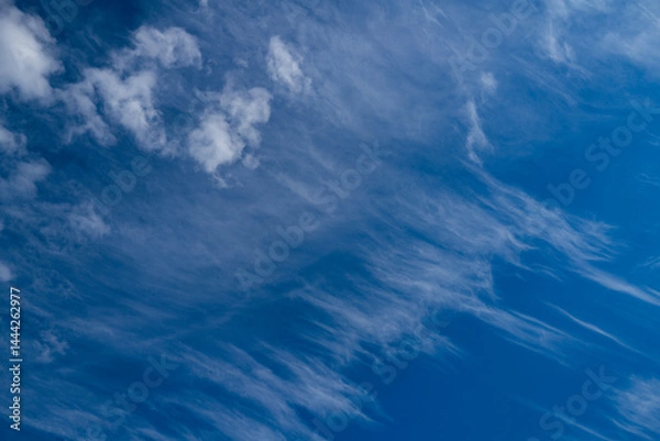 Fototapeta White fluffy clouds background. Blue sky with white cloud. Background of sky with clouds. Stunning sky with white clouds. Soft cloud drifting. Peaceful sky with sunlight glow.