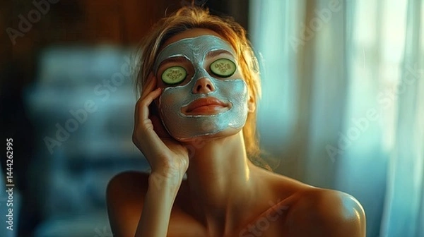 Fototapeta relaxing spa day: a woman in a face mask with cucumber slices, perfect for a beauty routine poster for wellness and self-care inspiration in your space!