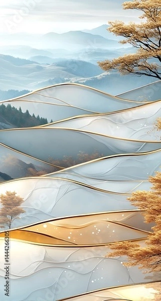 Fototapeta Glistening layers and frosted peaks, a serene mountain scenery art