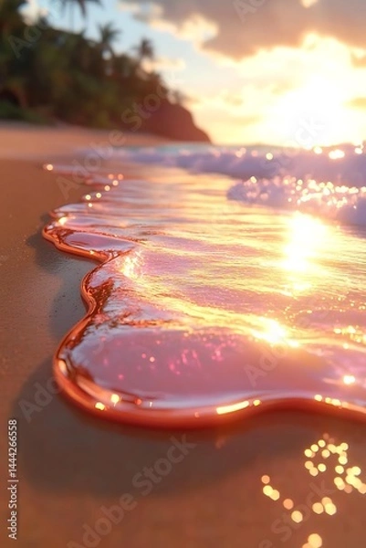 Fototapeta Golden hour reflecting on ocean waves at tranquil sandy paradise beach