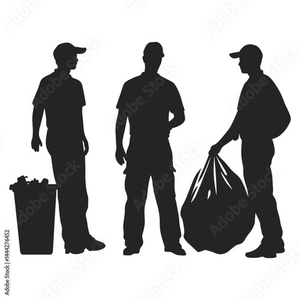 Fototapeta Silhouette of two sanitation workers collecting garbage