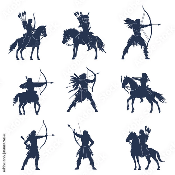 Fototapeta Set of knight silhouettes riding horses with swords and lances