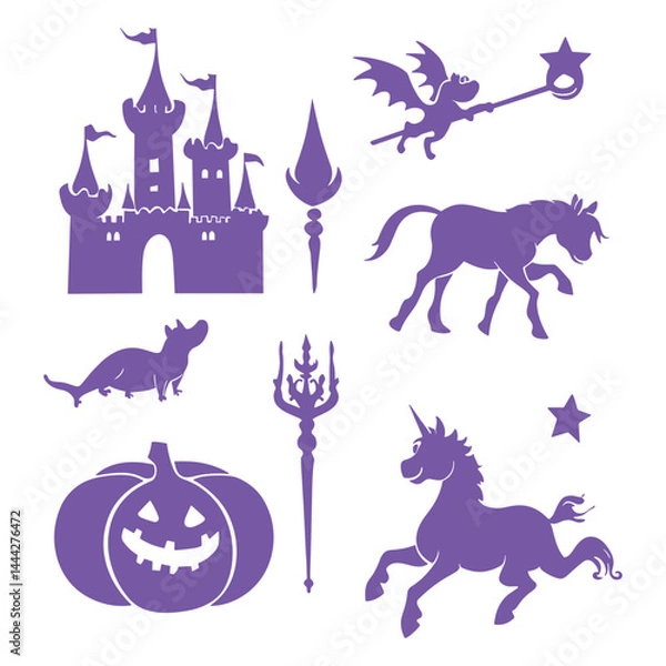 Fototapeta Set of fairytale unicorns, castles, and magical pumpkin cart