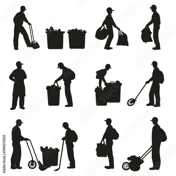 Fototapeta Set of sanitation workers and tools in various cleaning activities