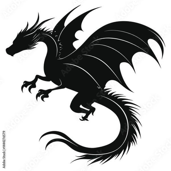 Fototapeta Dragon silhouette with spread wings and curved body in dynamic pose