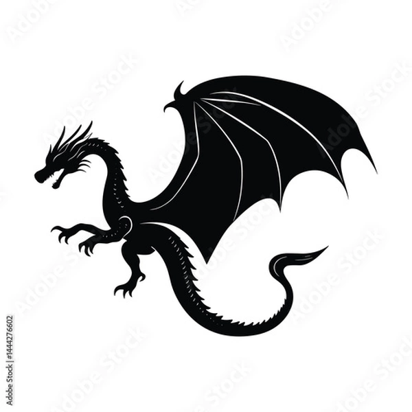 Fototapeta Silhouette of a fantasy dragon with wings and curled tail