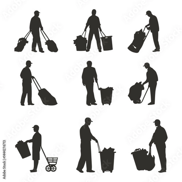 Fototapeta Set of sanitation worker silhouettes in multiple cleaning positions
