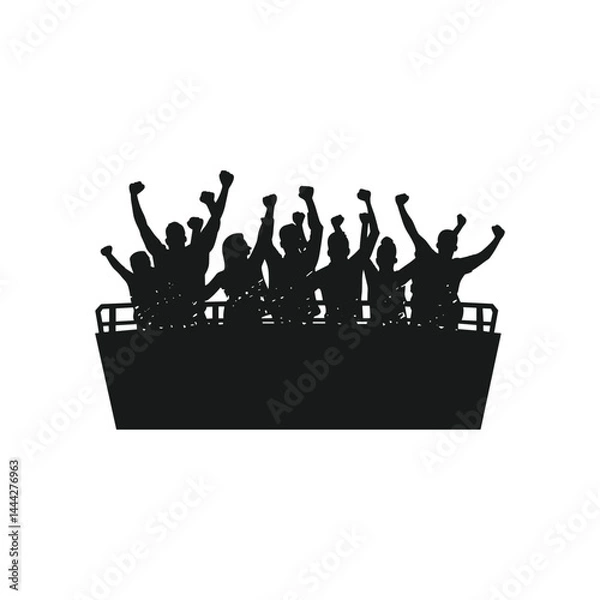 Fototapeta Set of people cheering behind a barrier or fence silhouette