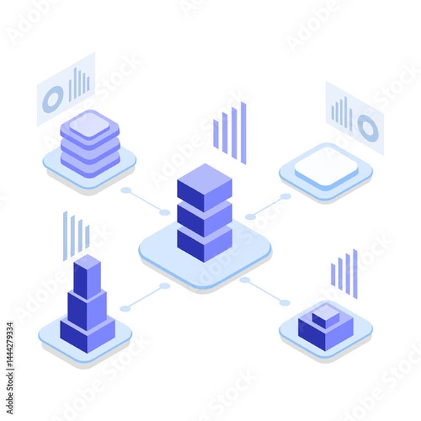 Fototapeta  Stacked server blocks connected by network nodes