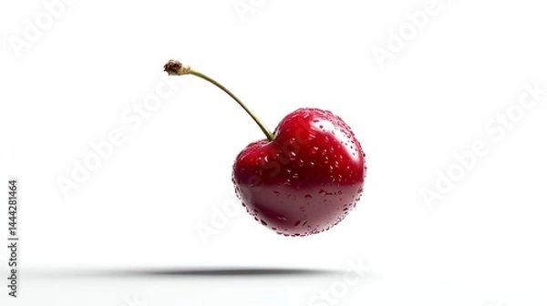 Obraz Fresh Red Cherry with Stem and Water Droplets Against White Background