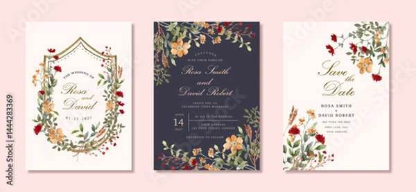 Obraz wedding invitation set with beautiful wildflower watercolor frame