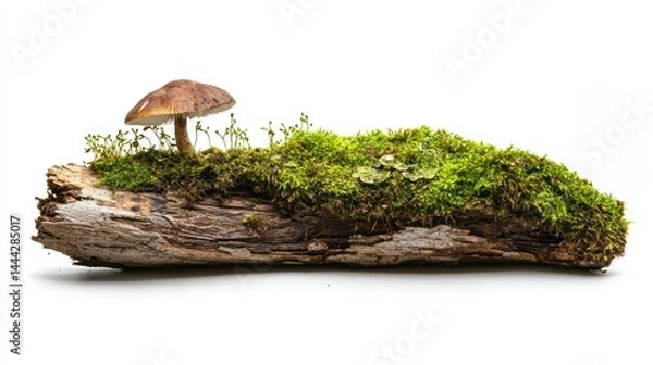 Fototapeta A decomposing wooden log covered in moss and featuring a sprouting mushroom, side perspective, white background.