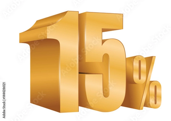 Fototapeta Set illustration of bold 3D golden number "15%" rendered in a shiny metallic style, ideal for highlighting promotions, discounts, sales, and special offers. The image visually communicates a 15% price