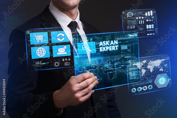 Fototapeta Business, Technology, Internet and network concept. Young businessman working on a virtual screen of the future and sees the inscription: Ask an expert
