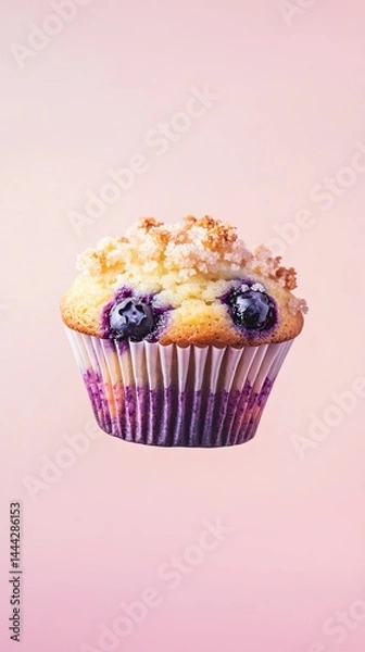 Fototapeta Muffin background, blueberry muffin with crispy sugar top, floating on a soft gradient backdrop