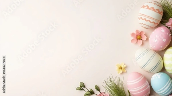 Obraz Colorful Easter eggs and spring flowers on pastel colored background and festive decorations.