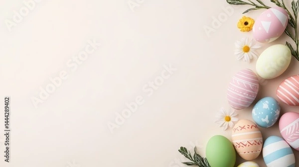 Obraz Colorful Easter eggs and spring flowers on pastel colored background and festive decorations.