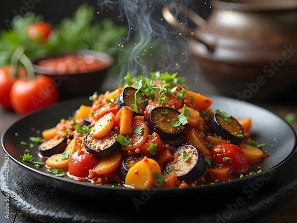 Fototapeta Sizzling Eggplant Stir-Fry: A hot and sizzling eggplant stir-fry on a black plate, full of color and flavor, with steam rising and a blurred kitchen stove behind.